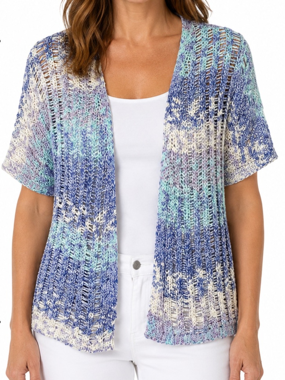Chico's Open Knit Short-Sleeve Cardigan Blue, White, Mint